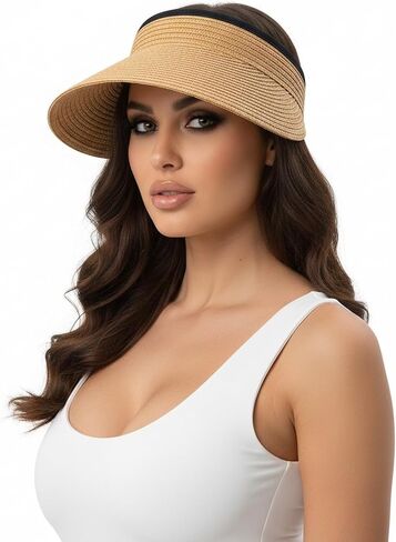 Womens Sun Visor Hat Straw Visors for Women Wide Brim Visor for Women UPF50+ Beach Visors Hats Packable Adjustable in Saudi Arabia