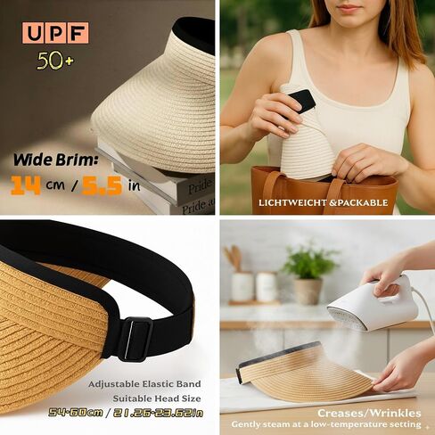 Womens Sun Visor Hat Straw Visors for Women Wide Brim Visor for Women UPF50+ Beach Visors Hats Packable Adjustable in Saudi Arabia