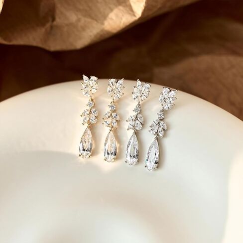 أقراط متدلية للنساء لحفلات الزفاف وحجر الراين طويل مكعب الزركون ثريا كريستال سباركلي مطلية بالذهب عيار 14 قيراط مجوهرات عصرية أنيقة in Kuwait