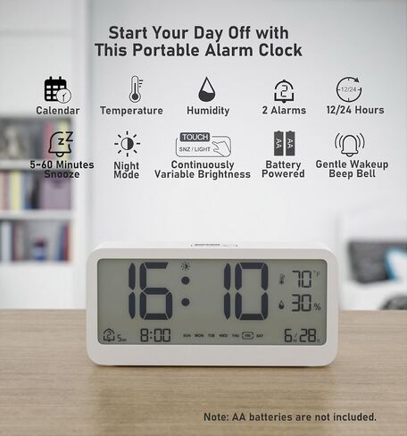 Digital Alarm Clock Battery Powered with Date | Indoor Temperature | Humidity | LCD Display | Dual Alarms | Snooze and Backlight Desk Small Clock (White) in Saudi Arabia