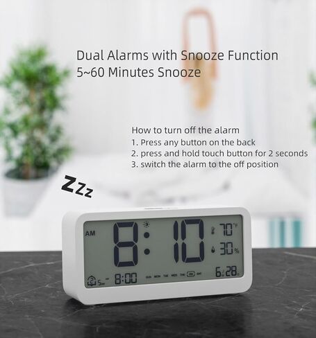 Digital Alarm Clock Battery Powered with Date | Indoor Temperature | Humidity | LCD Display | Dual Alarms | Snooze and Backlight Desk Small Clock (White) in Saudi Arabia