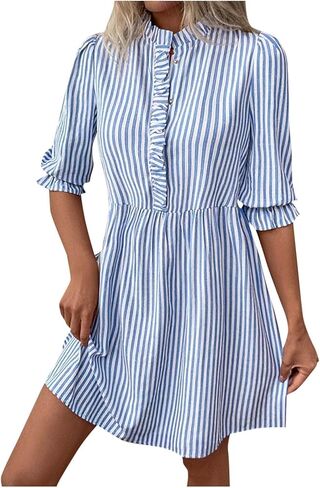 Womens Casual Dresses Striped Short Sleeved Smocked Henley Button A Line Mini Dress Summer Work Fashion Beach Shirt in Saudi Arabia