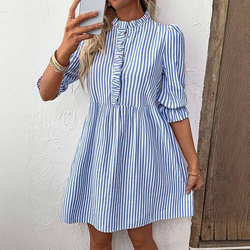 Womens Casual Dresses Striped Short Sleeved Smocked Henley Button A Line Mini Dress Summer Work Fashion Beach Shirt in Saudi Arabia