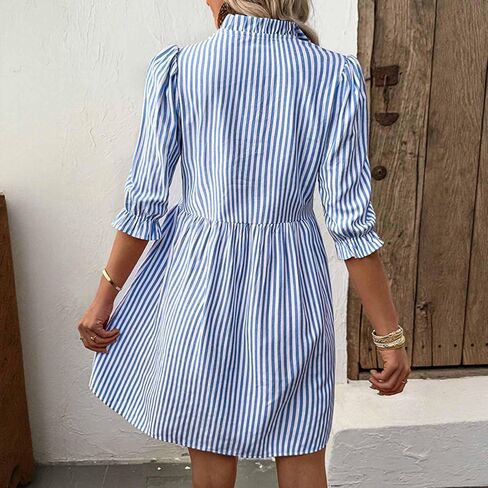 Womens Casual Dresses Striped Short Sleeved Smocked Henley Button A Line Mini Dress Summer Work Fashion Beach Shirt in Saudi Arabia