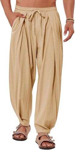 Mens Casual Linen Pants Elastic Waist Drawstring Summer Beach Loose Fit Tapered Trousers in Saudi Arabia