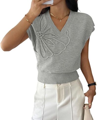 Women Casual Cap Sleeve 3D Floral Sweater Vest Loose Fit V Neck Ribbed Knit Flower Sweater Tank Top Summer Fall in Saudi Arabia