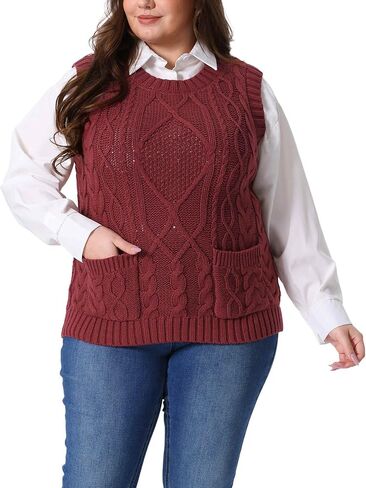Agnes Orinda Plus Size Sweater Vest for Women Knitted Crew Neck Sleeveless Pocket Pullober Sweater Tops in Saudi Arabia