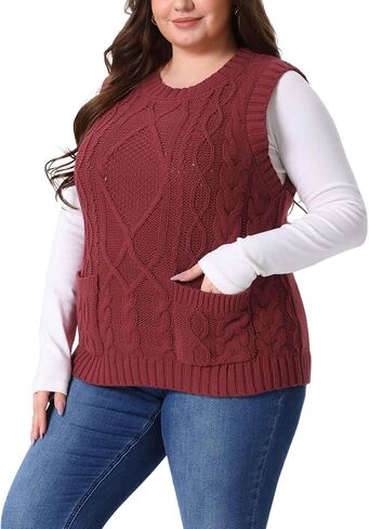 Agnes Orinda Plus Size Sweater Vest for Women Knitted Crew Neck Sleeveless Pocket Pullober Sweater Tops in Saudi Arabia