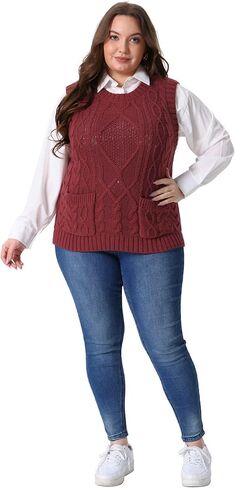 Agnes Orinda Plus Size Sweater Vest for Women Knitted Crew Neck Sleeveless Pocket Pullober Sweater Tops in Saudi Arabia