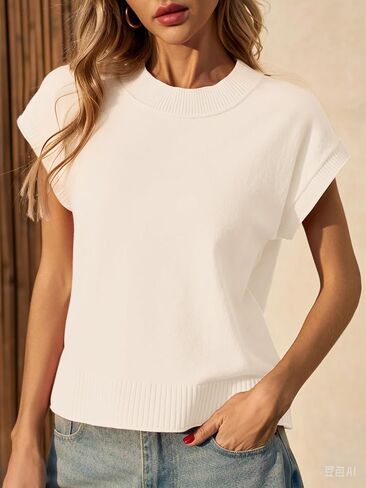 Saodimallsu Womens Cap Short Sleeve Sweater Vest Summer Casual Crew Neck Loose Knit Lightweight Pullover Tank Tops in Saudi Arabia