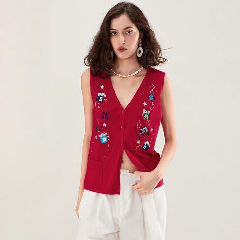 Christmas Vest for Women Reindeer Santa Snowman Embroidery Sweater Sleeveless Ugly Xmas Knit Tank Top in Saudi Arabia