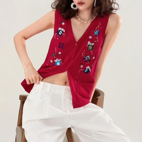 Christmas Vest for Women Reindeer Santa Snowman Embroidery Sweater Sleeveless Ugly Xmas Knit Tank Top in Saudi Arabia