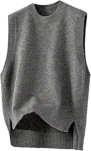 OYOANGLE Women's Split Hem Crew Neck Basic Sweater Vest Sleeveless Pullover Sweater Tank Tops in Saudi Arabia