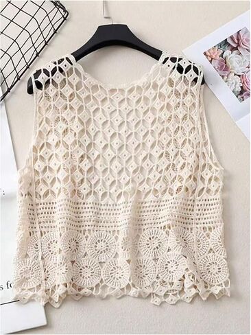 SweatyRocks Women's Hollow Out Sleeveless Sweater Vest Crochet Knit Open Front Cardigan in Saudi Arabia