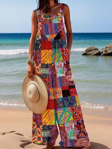 Womens Patchwork Boho Jumpsuit Wide Leg Rompers Summer Casual Loose Fit Overalls with Floral Print Pockets in Saudi Arabia