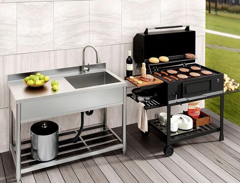 حوض تجاري مع لوح تصريف، حوض مرافق من الفولاذ المقاوم للصدأ مع صنبور قابل للسحب، حوض مطبخ قائم بذاته مع طاولة عمل للمطعم، المرآب، الخارج، 21.7 بوصة عمق × 47.2 بوصة عرض × 37 بوصة ارتفاع in Kuwait