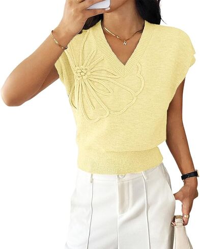 Women Casual Cap Sleeve 3D Floral Sweater Vest Loose Fit V Neck Ribbed Knit Flower Sweater Tank Top Summer Fall in Saudi Arabia