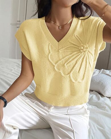 Women Casual Cap Sleeve 3D Floral Sweater Vest Loose Fit V Neck Ribbed Knit Flower Sweater Tank Top Summer Fall in Saudi Arabia