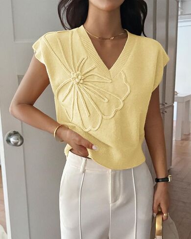 Women Casual Cap Sleeve 3D Floral Sweater Vest Loose Fit V Neck Ribbed Knit Flower Sweater Tank Top Summer Fall in Saudi Arabia