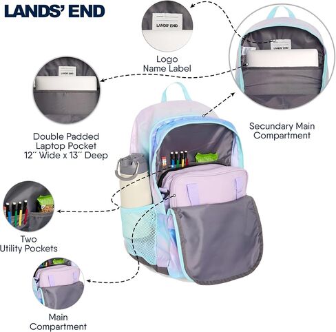 Lands' End Unisex Kid's Elementary Boys and Girls Large Classmate Lightweight Durable School Backpack, Black Highlight in Saudi Arabia