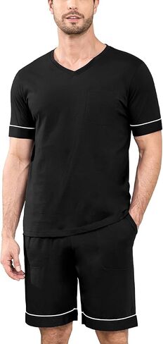 COLORFULLEAF Men's 100% Cotton Pajama Set Short Sleeve Button Down Sleepwear Soft V-neck Lounge Pjs with Pockets in Saudi Arabia