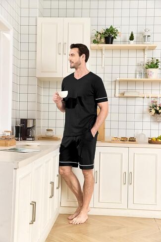 COLORFULLEAF Men's 100% Cotton Pajama Set Short Sleeve Button Down Sleepwear Soft V-neck Lounge Pjs with Pockets in Saudi Arabia