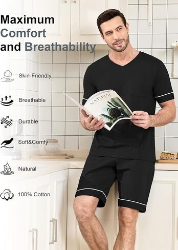 COLORFULLEAF Men's 100% Cotton Pajama Set Short Sleeve Button Down Sleepwear Soft V-neck Lounge Pjs with Pockets in Saudi Arabia