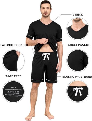 COLORFULLEAF Men's 100% Cotton Pajama Set Short Sleeve Button Down Sleepwear Soft V-neck Lounge Pjs with Pockets in Saudi Arabia