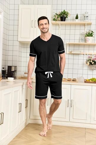 COLORFULLEAF Men's 100% Cotton Pajama Set Short Sleeve Button Down Sleepwear Soft V-neck Lounge Pjs with Pockets in Saudi Arabia