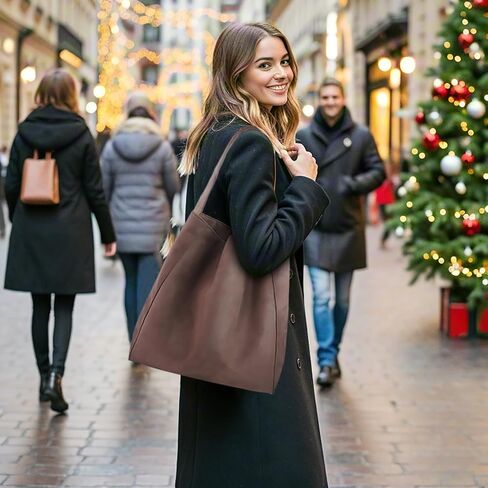 حقائب من جلد الغزال البني للنساء - حقيبة يد هوبو بنية كبيرة مترهلة، حقيبة كتف من الجلد السويدي الصناعي للسفر في الشتاء والخريف in Kuwait