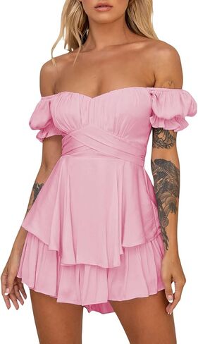 فستان رومبير للسيدات مكشوف الكتفين لحفلات التخرج من بوهو مقاس كبير، بذلة قصيرة فضفاضة مكشكشة ملابس غربية in Kuwait