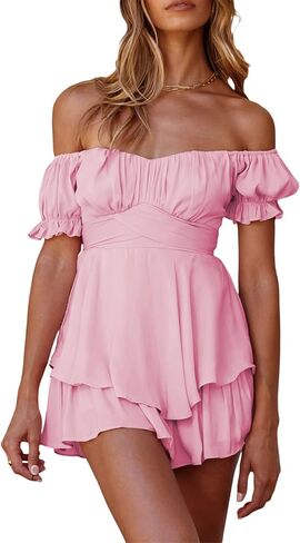 فستان رومبير للسيدات مكشوف الكتفين لحفلات التخرج من بوهو مقاس كبير، بذلة قصيرة فضفاضة مكشكشة ملابس غربية in Kuwait