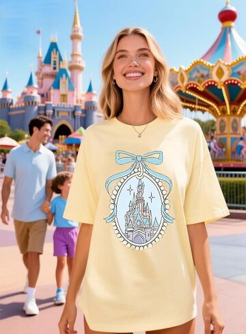 تيشيرتات jusgai Magic Kingdom للنساء، قميص قلعة لطيف، تي شيرت كبير الحجم برسوم جرافيك، تي شيرت عائلي للعطلات وأكمام قصيرة in Kuwait