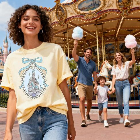 تيشيرتات jusgai Magic Kingdom للنساء، قميص قلعة لطيف، تي شيرت كبير الحجم برسوم جرافيك، تي شيرت عائلي للعطلات وأكمام قصيرة in Kuwait