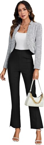 LYANER Women Fall Tweed Plaid Open Front Stand Collar Cropped Blazer Work Office Suit Jacket in Saudi Arabia