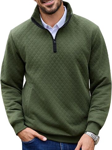 URRU Men’s Quarter Zip Pullover Quilted Sweater Long Sleeve Mock Neck Polo with Pocket in Kuwait