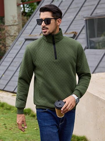 URRU Men’s Quarter Zip Pullover Quilted Sweater Long Sleeve Mock Neck Polo with Pocket in Kuwait