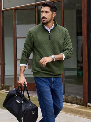 URRU Men’s Quarter Zip Pullover Quilted Sweater Long Sleeve Mock Neck Polo with Pocket in Kuwait