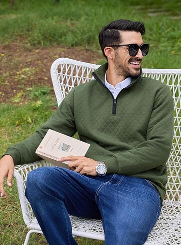 URRU Men’s Quarter Zip Pullover Quilted Sweater Long Sleeve Mock Neck Polo with Pocket in Kuwait