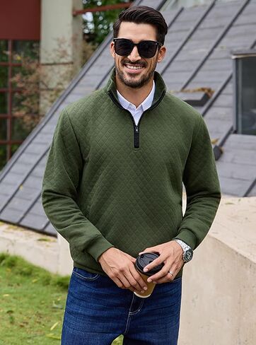 URRU Men’s Quarter Zip Pullover Quilted Sweater Long Sleeve Mock Neck Polo with Pocket in Kuwait