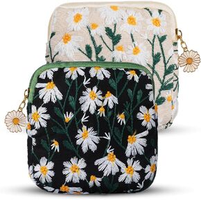 Daisy Embroidery Sanitary Napkin Storage Bag, 2 Pcs Cotton Soft Period Holder Pouch with Zipper, Portable Tampon Pad Organizer for Women Teen Girls in Kuwait