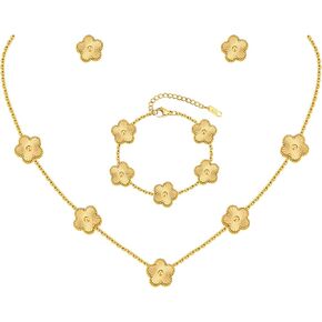 Gold Necklaces Bracelets Earring Set - 18K Gold Plated Flower Bracelet Chain,Stainless Steel Non Tarnish Floral Pendant Stud Jewelry Sets,Christmas Birthday Lucky Gift for Mom Wife Daughter Girlfriend in Kuwait