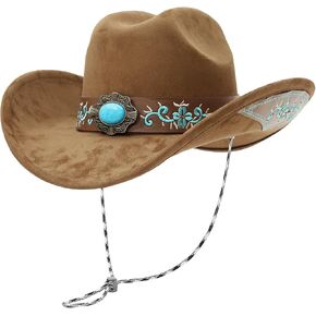 GEMVIE قبعة رعاة البقر الغربية الفيروزية للرجال والنساء ذات حافة كبيرة من جلد الغزال قبعة راعية البقر مطرزة باللون البني مع حزام الذقن in Kuwait