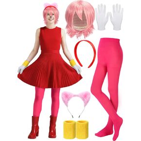 7 Pcs Halloween Hedgehog Costume Accessories Vibrant Pink Haired Hedgehog Cosplay Set Pink Wig Red Headband, Plush Ears & Gloves Gold Wristband for Adults Halloween Cosplay Party in Saudi Arabia