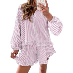 Fisoew Womens Stripe 2 Piece Lounge Sets Button Down Ruffle Shirts Shorts Sets Casual Oversized Pajama Sets Loungewear in Kuwait