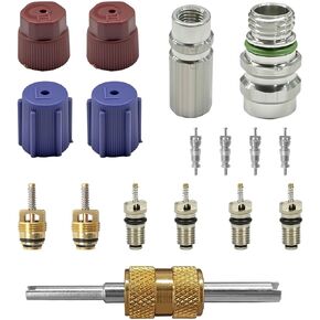 15PCS Car Air Conditioning Valve Core Kit, R12 R134A Teflon Seal Cap Valve Kit with Removal Tool for High Low-Pressure A/C Service Port, Car & HVAC AC Refrigerant Tool in Kuwait