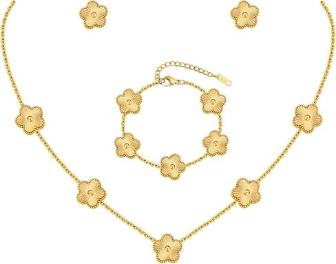 Gold Necklaces Bracelets Earring Set - 18K Gold Plated Flower Bracelet Chain,Stainless Steel Non Tarnish Floral Pendant Stud Jewelry Sets,Christmas Birthday Lucky Gift for Mom Wife Daughter Girlfriend in Kuwait
