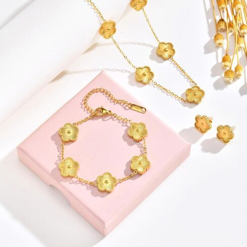 Gold Necklaces Bracelets Earring Set - 18K Gold Plated Flower Bracelet Chain,Stainless Steel Non Tarnish Floral Pendant Stud Jewelry Sets,Christmas Birthday Lucky Gift for Mom Wife Daughter Girlfriend in Kuwait