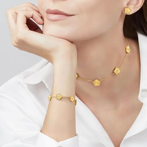 Gold Necklaces Bracelets Earring Set - 18K Gold Plated Flower Bracelet Chain,Stainless Steel Non Tarnish Floral Pendant Stud Jewelry Sets,Christmas Birthday Lucky Gift for Mom Wife Daughter Girlfriend in Kuwait