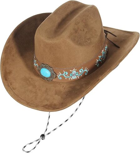 GEMVIE قبعة رعاة البقر الغربية الفيروزية للرجال والنساء ذات حافة كبيرة من جلد الغزال قبعة راعية البقر مطرزة باللون البني مع حزام الذقن in Kuwait
